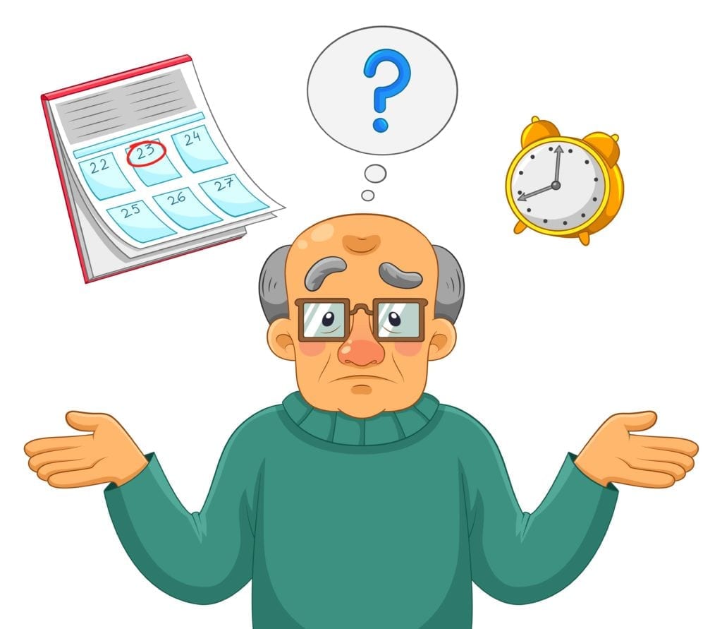 cartoon of older man being confused about the time and date