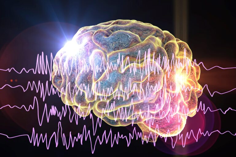 Epilepsy awareness concept. Brain and encephalography in epilepsy patient during seizure attack, 3D illustration in purple color