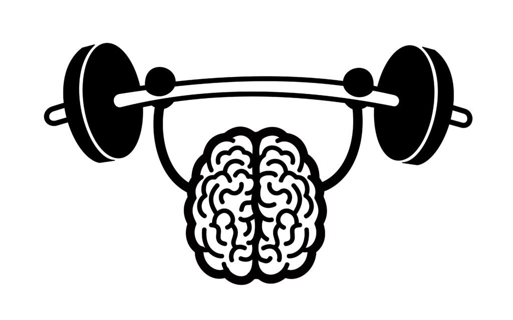 cartoon drawing of a brain lifting weights