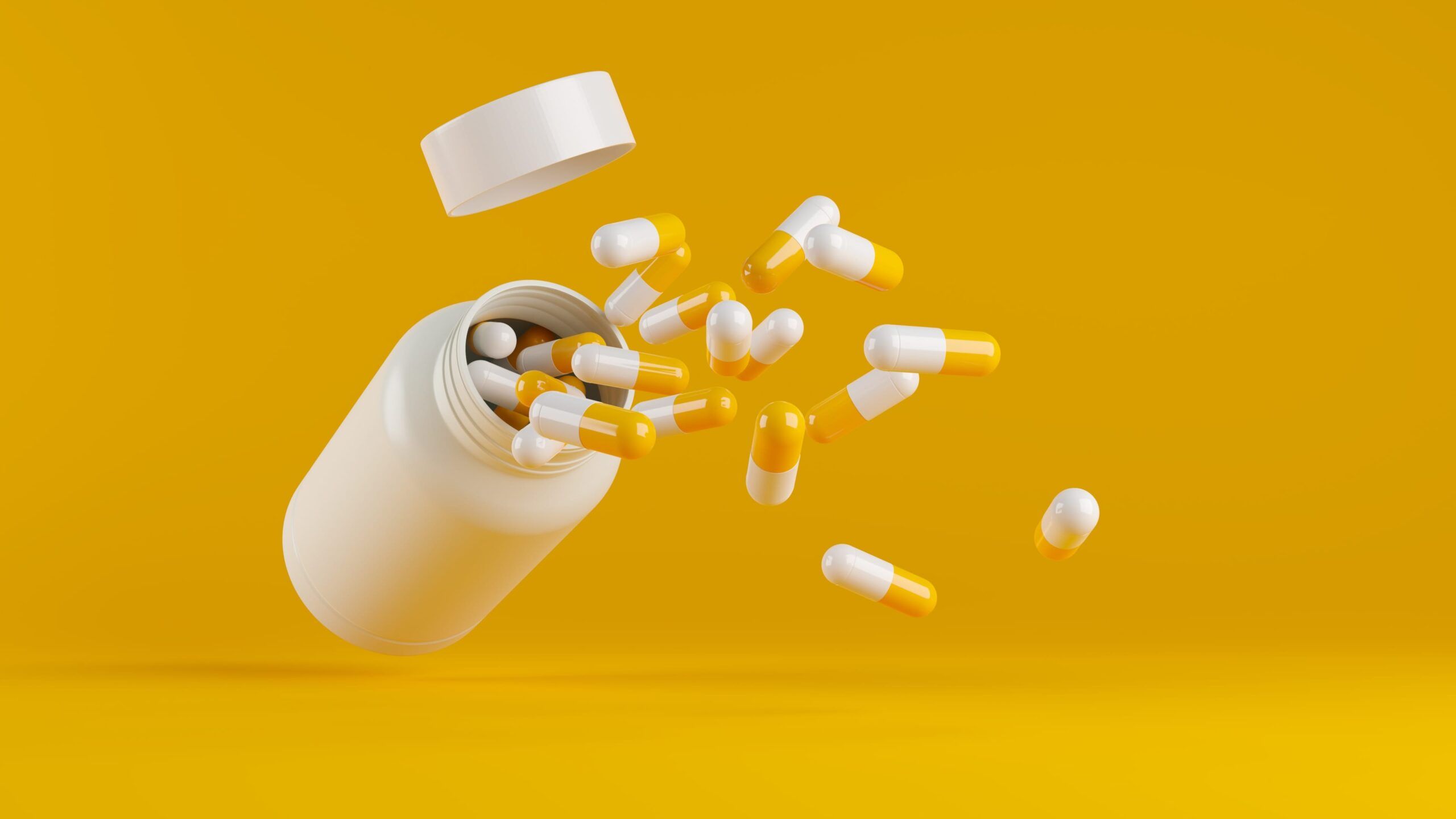 Capsule orange and white color pill was out of white plastic pill bottle on orange background. 3D render.