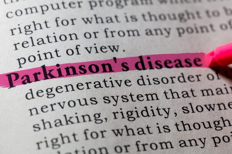 Fake Dictionary, Dictionary definition of the word Parkinson's disease. including key descriptive words.