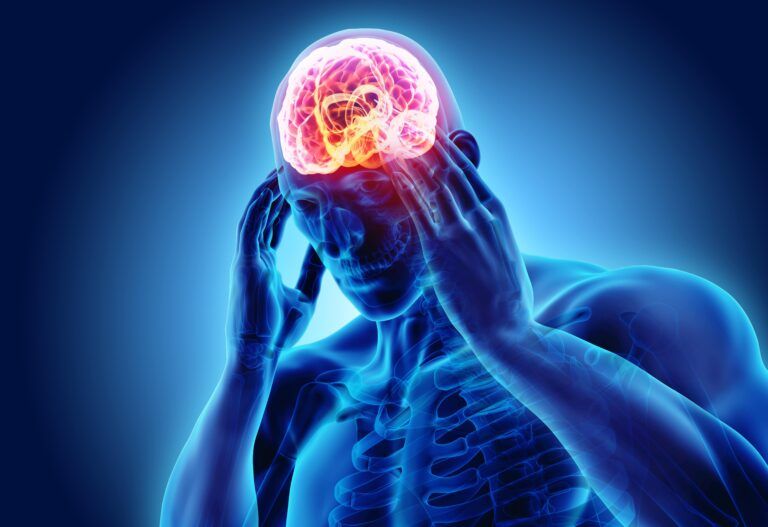 vector image of a man with head pain, glowing brain. headache concept