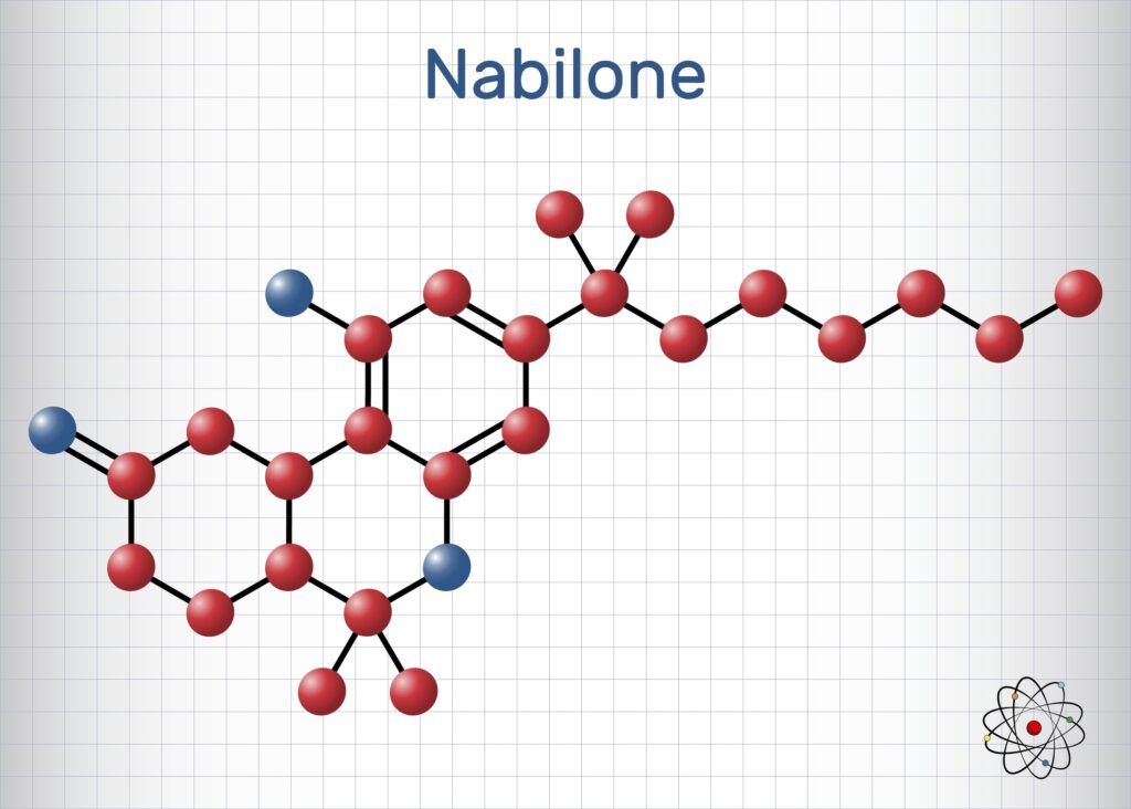 Nabilone molecule. It is synthetic cannabinoid, used as antiemetic drug. Structural chemical formula and molecule model. Sheet of paper in a cage. Vector illustration
